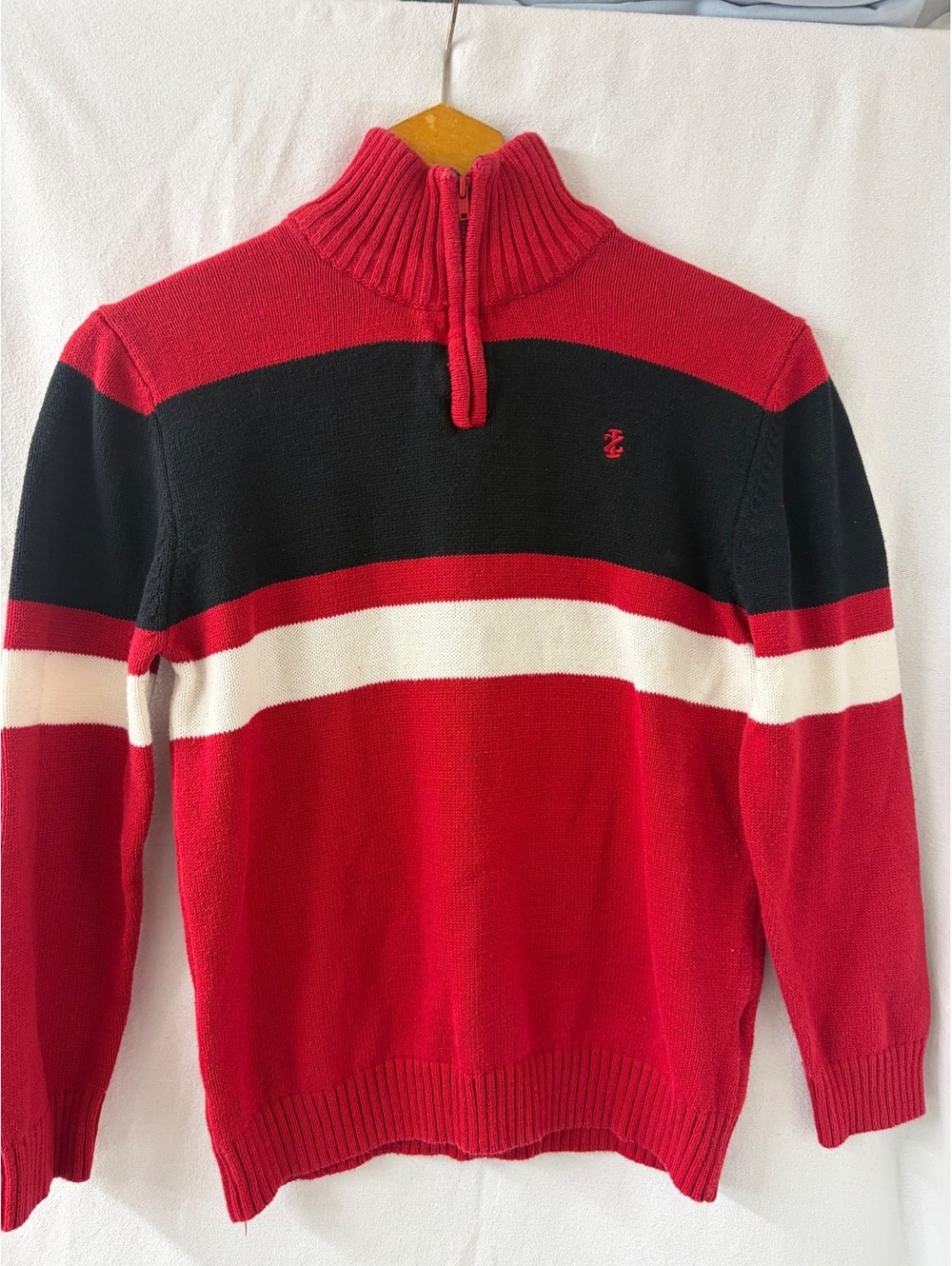IZOD Boys XL 14/16 Quarter Zip Sweater Red Black White Colorblock